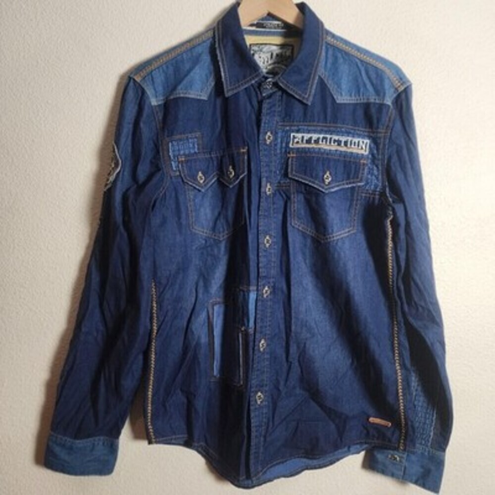 Affliction Black Premium Denim Shirt Mens Medium Blue Athletic Fit Western